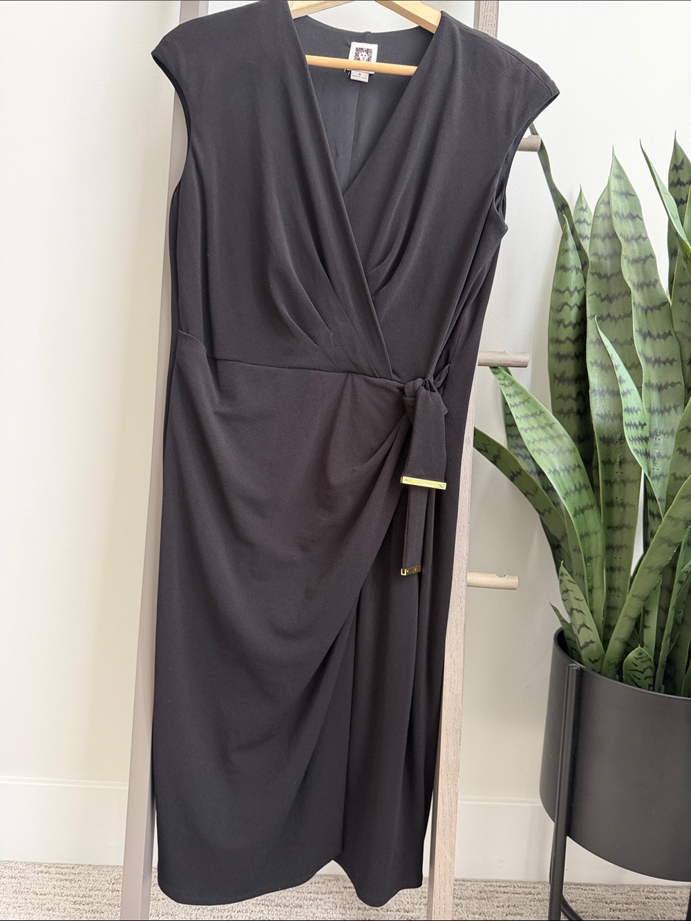 Anne Klein Black Wrap-Style Midi Dress with Side Tie